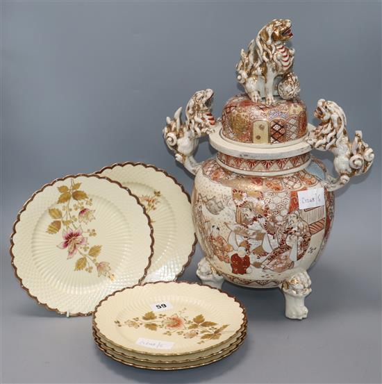 A late Satsuma Koro and five Limoges plates H.45cm